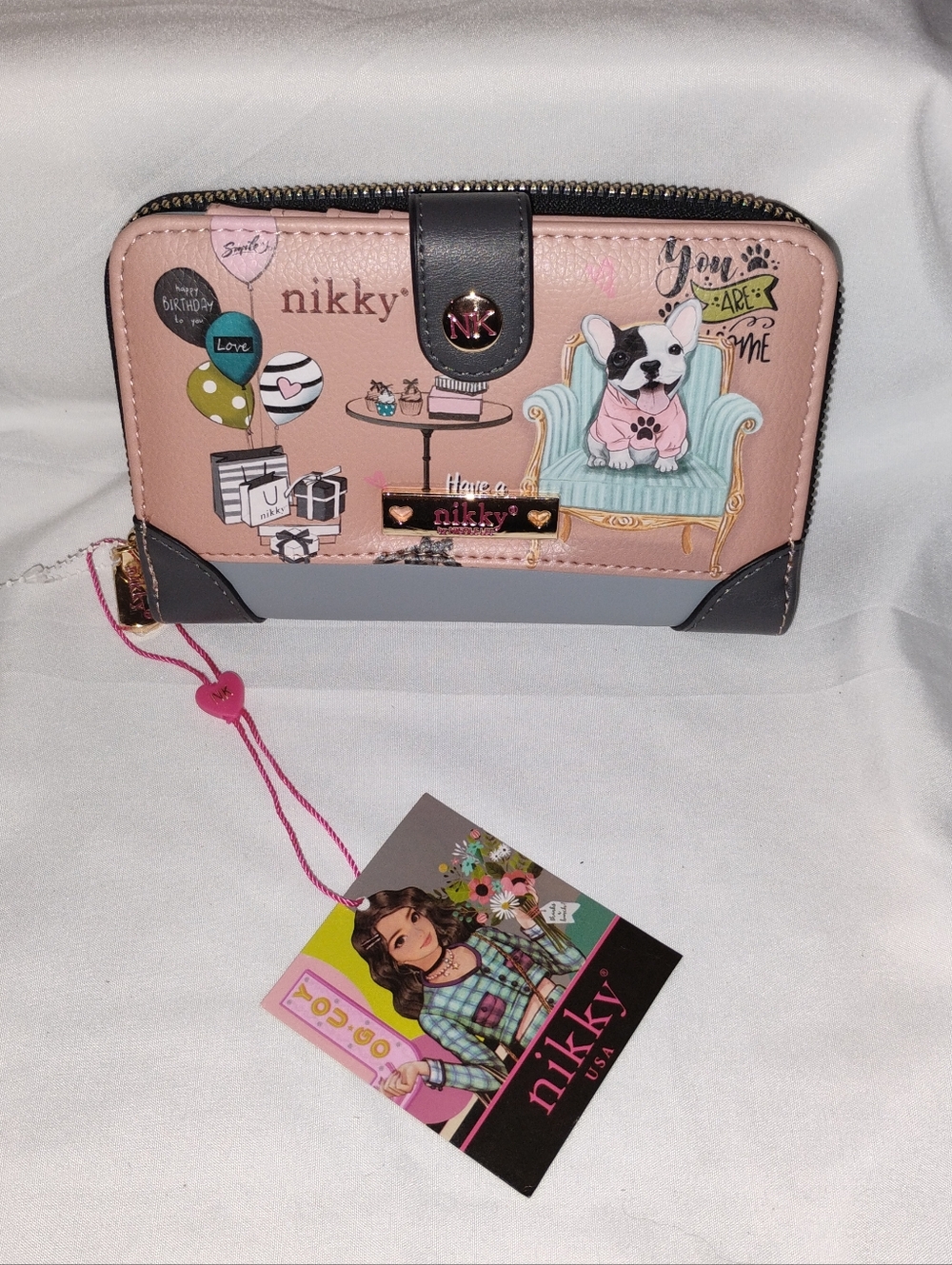 Nikky By Nicole Lee Pink Frenchie Wallet with Blue Sofa Graphic